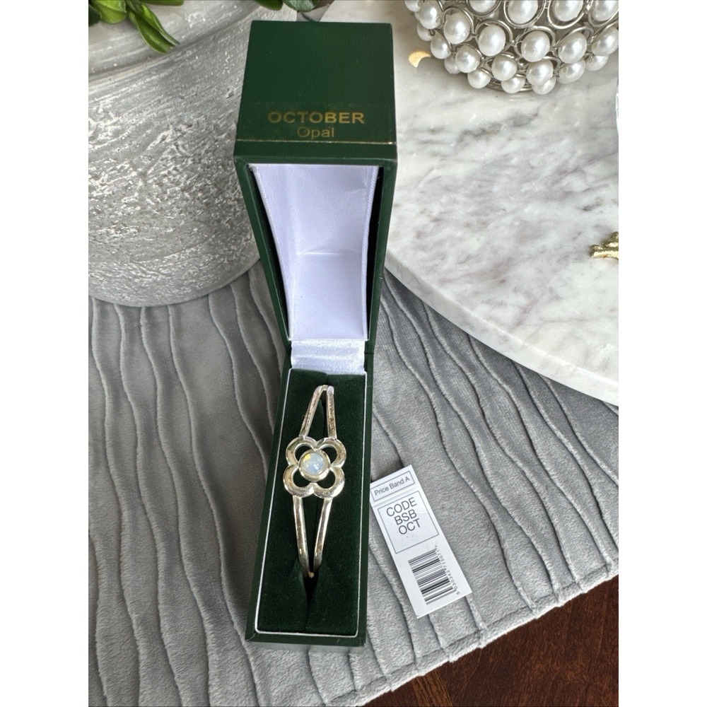 925 Sterling Silver October Birthstone Bangle | White Fire Opal Flower Cuff -NIB